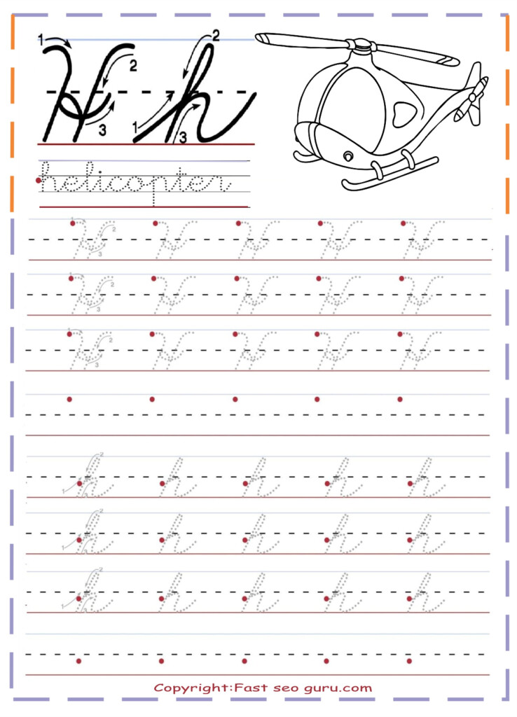 Cursive Handwriting Tracing Practice Worksheets Letter H For Helicopter - Cursive H Worksheet