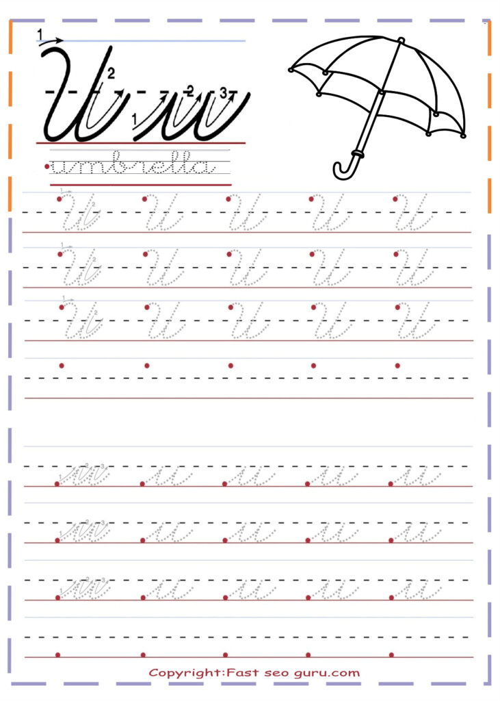 Cursive Handwriting Tracing Worksheets Letter U For Umbrella - Letter U Cursive Worksheet