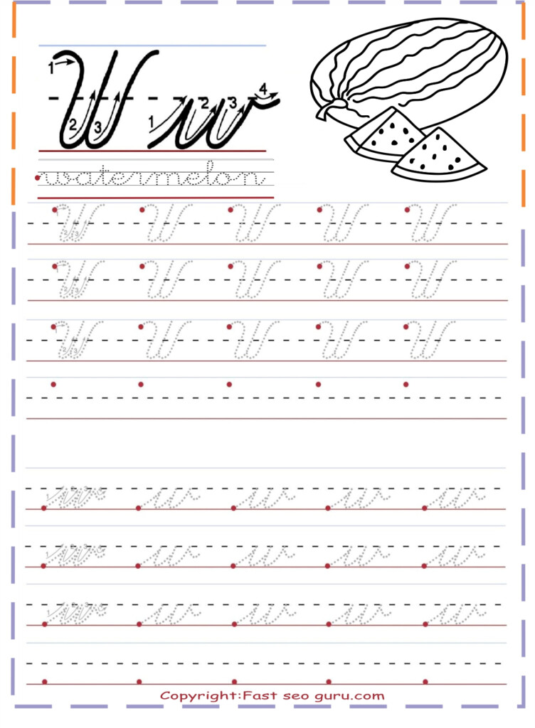 Cursive Handwriting Tracing Worksheets Letter W For Watermelon - Cursive Letter W Worksheet