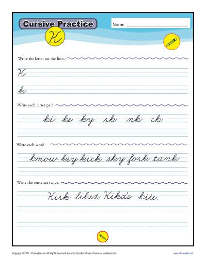 Cursive K Letter K Worksheets For Handwriting Practice - Letter K Cursive Worksheet