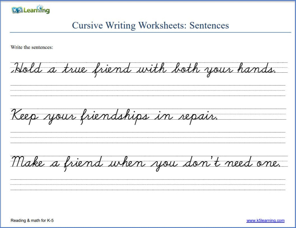 Cursive Writing Worksheets K5 Learning - Cursive Writing Sentence Practice Worksheets