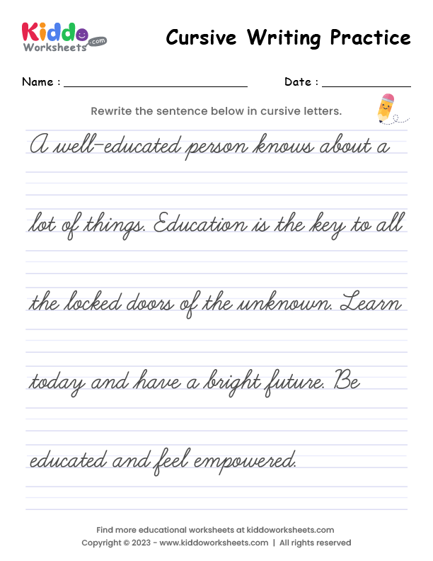 Free Printable Cursive Writing Worksheet 3 Kiddoworksheets - Preschool Cursive Writing Worksheets