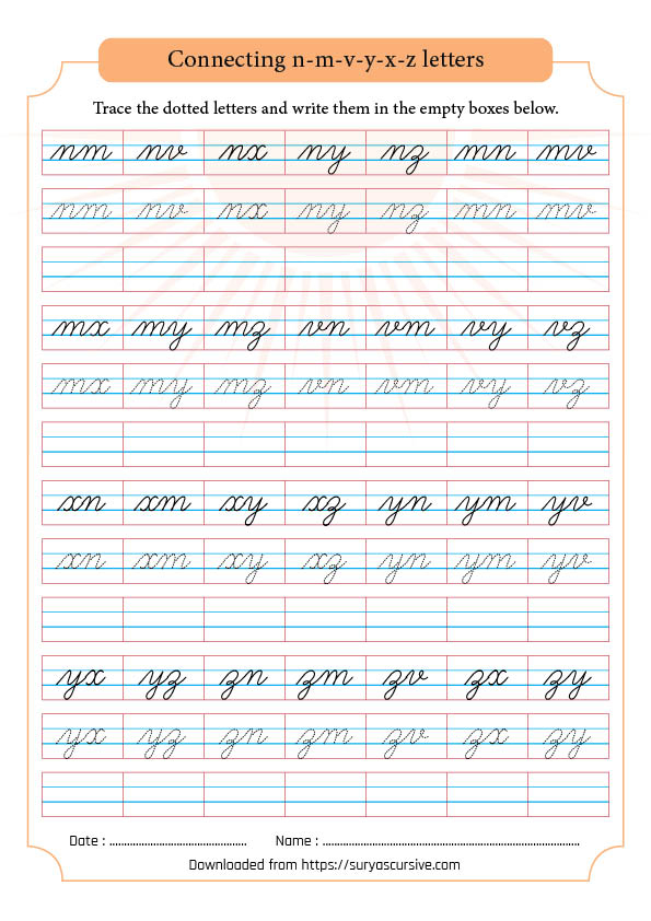 Practice Connecting N m v y x z Letters As 2 letter Words  - Cursive Writing Joining Letters Worksheets