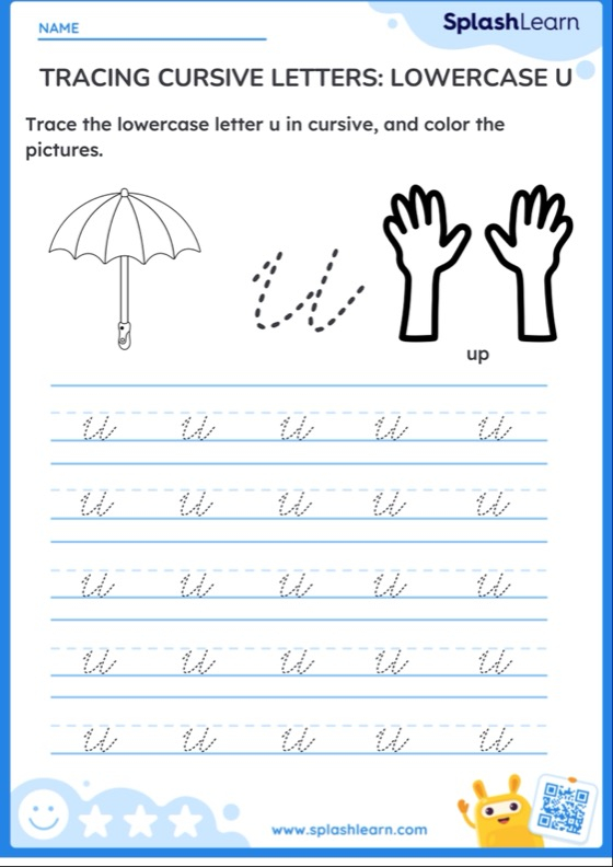 Tracing Cursive Letters Lowercase U Printable ELA Worksheet - Cursive U Lowercase Worksheet